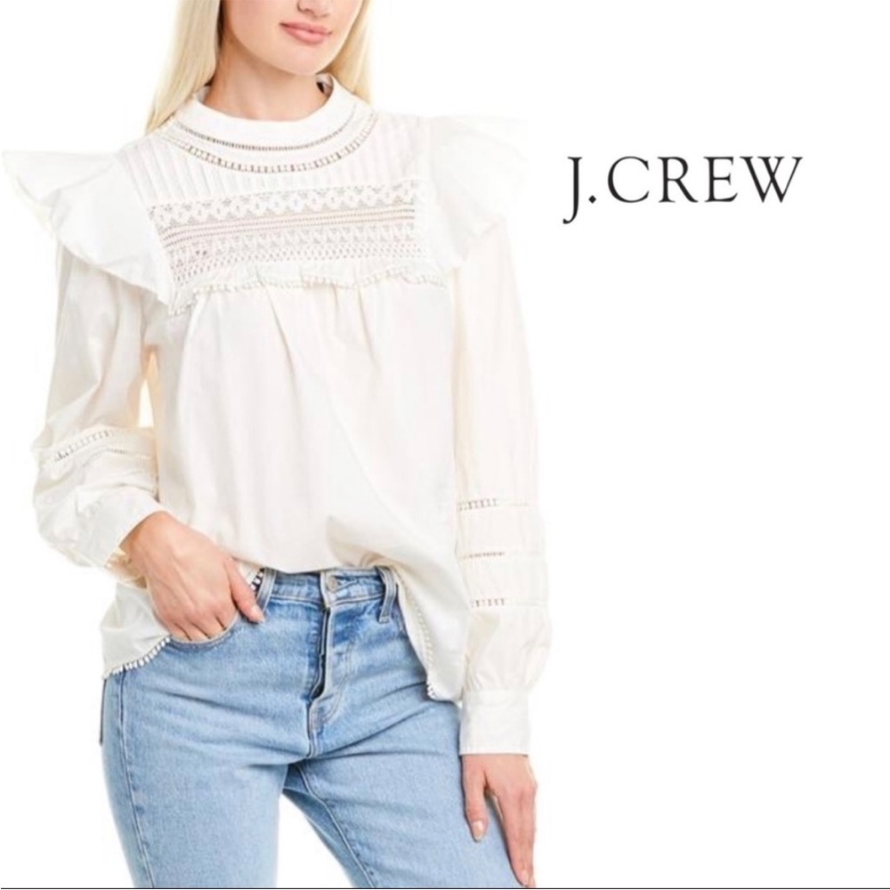 J.CREW Crocheted Lace Ruffle Embroidery Top Blouse Shirt Ivory Size Medium